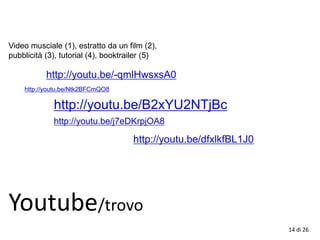 14 di 26
Youtube/trovo
http://youtu.be/-qmlHwsxsA0
http://youtu.be/Ntk2BFCmQO8
http://youtu.be/B2xYU2NTjBc
http://youtu.be/j7eDKrpjOA8
http://youtu.be/dfxlkfBL1J0
Video musciale (1), estratto da un film (2),
pubblicità (3), tutorial (4), booktrailer (5)
 