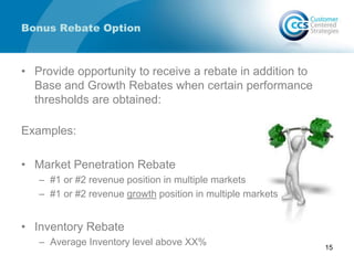 Bonus Rebate Option
• Provide opportunity to receive a rebate in addition to
Base and Growth Rebates when certain performance
thresholds are obtained:
Examples:
• Market Penetration Rebate
– #1 or #2 revenue position in multiple markets
– #1 or #2 revenue growth position in multiple markets
• Inventory Rebate
– Average Inventory level above XX% 15
 
