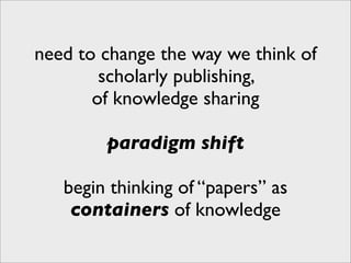 need to change the way we think of
        scholarly publishing,
       of knowledge sharing

        paradigm shift

   begin thinking of “papers” as
    containers of knowledge
 