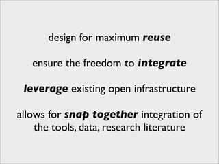 design for maximum reuse

   ensure the freedom to integrate

 leverage existing open infrastructure

allows for snap together integration of
    the tools, data, research literature
 