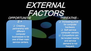 EXTERNAL
FACTORS
 Creating
partnership with
different
computer
businesses to be
one of their main
service centers.
OPPORT...