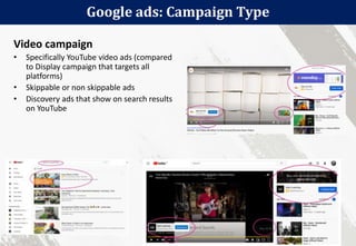 Google ads: Campaign Type
114
Video campaign
• Specifically YouTube video ads (compared
to Display campaign that targets all
platforms)
• Skippable or non skippable ads
• Discovery ads that show on search results
on YouTube
 