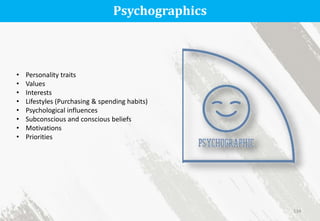 Psychographics
• Personality traits
• Values
• Interests
• Lifestyles (Purchasing & spending habits)
• Psychological influences
• Subconscious and conscious beliefs
• Motivations
• Priorities
134
 