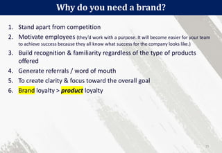 1. Stand apart from competition
2. Motivate employees (they’d work with a purpose. It will become easier for your team
to achieve success because they all know what success for the company looks like.)
3. Build recognition & familiarity regardless of the type of products
offered
4. Generate referrals / word of mouth
5. To create clarity & focus toward the overall goal
6. Brand loyalty > product loyalty
Why do you need a brand?
15
 
