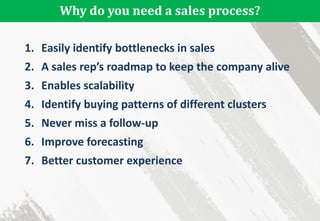 Why do you need a sales process?
1. Easily identify bottlenecks in sales
2. A sales rep’s roadmap to keep the company alive
3. Enables scalability
4. Identify buying patterns of different clusters
5. Never miss a follow-up
6. Improve forecasting
7. Better customer experience
 