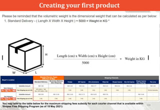 Creating your first product
239
You may refer to the table below for the maximum shipping fees subsidy for each courier channel that is available within
Shopee Free Shipping Program (as of 18 May 2021):
 