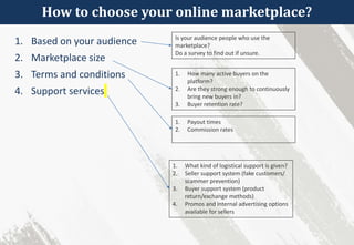 How to choose your online marketplace?
1. Based on your audience
2. Marketplace size
3. Terms and conditions
4. Support services
Is your audience people who use the
marketplace?
Do a survey to find out if unsure.
1. How many active buyers on the
platform?
2. Are they strong enough to continuously
bring new buyers in?
3. Buyer retention rate?
1. Payout times
2. Commission rates
1. What kind of logistical support is given?
2. Seller support system (fake customers/
scammer prevention)
3. Buyer support system (product
return/exchange methods)
4. Promos and internal advertising options
available for sellers
 