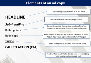 Elements of an ad copy
45
HEADLINE
Sub-headline
Bullet points
Body copy
Tagline
CALL TO ACTION (CTA)
Killer line to pull your reader in by the throat
Restate your offer & what they get from it
Compelling points: short and concise benefits of the
product to the customer (focus on their pain points)
Main content that covers the Features & Benefits in detail.
Add photos/ visual representation of what they get
Short & crisp line to reinstate your value & brand
Best method to get the lead to do what you want (drop
info, inquire, call, download, etc)
 