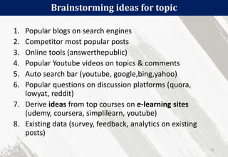 Brainstorming ideas for topic
95
1. Popular blogs on search engines
2. Competitor most popular posts
3. Online tools (answerthepublic)
4. Popular Youtube videos on topics & comments
5. Auto search bar (youtube, google,bing,yahoo)
6. Popular questions on discussion platforms (quora,
lowyat, reddit)
7. Derive ideas from top courses on e-learning sites
(udemy, coursera, simplilearn, youtube)
8. Existing data (survey, feedback, analytics on existing
posts)
 