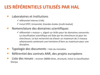 LES RÉFÉRENTIELS UTILISÉS PAR HAL
 Laboratoires et institutions
 référentiel interne à HAL
 inclut EPST, Université, Grandes écoles (multi évalué)
 Nomenclature des domaines scientifiques
 référentiel « maison », aligné sur ArXiv pour les domaines concernés.
La classification scientifique est faite par les chercheurs et pour les
chercheurs. Le but recherché est d’avoir un maximum de 2 niveaux
arborescents contenant une trentaine d’item au maximum pour une
discipline.
 Typologie des documents : liste du ministère
 Référentiel des contrats ANR, des projets européens
 Liste des revues : environ 28000 titres, structuré, inclut la classification
Sherpa
 