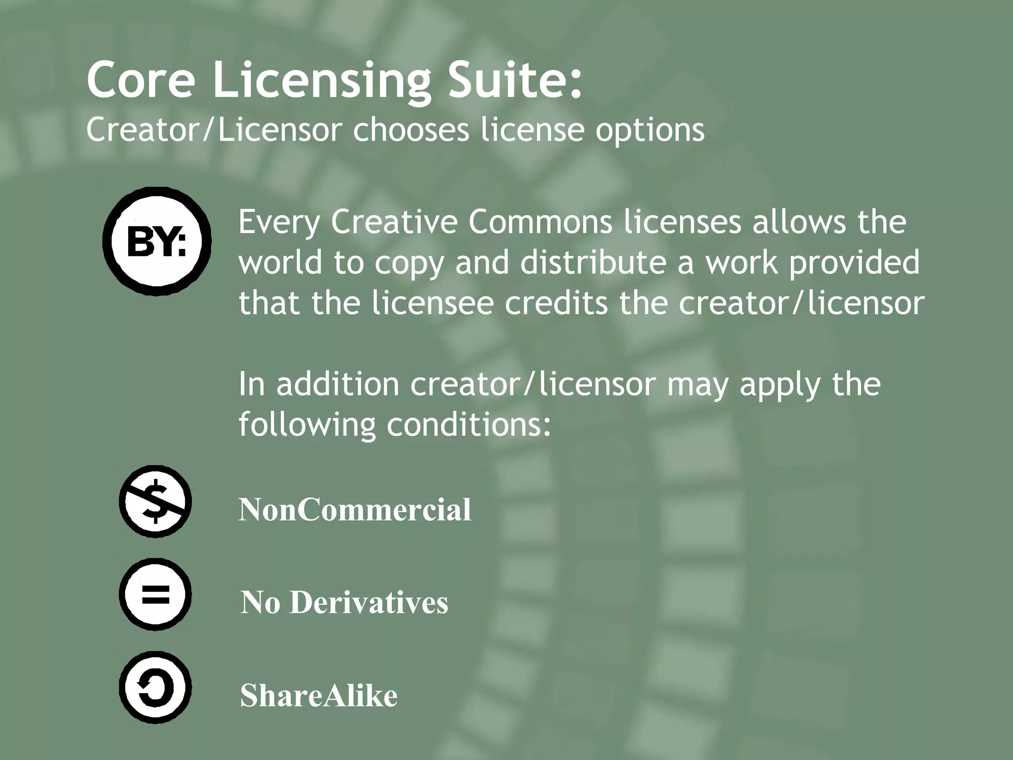 Core Licensing Suite:  Creator/Licensor chooses license options NonCommercial No Derivatives ShareAlike Every Creative Commons licenses allows the world to copy and distribute a work provided that the licensee credits the creator/licensor  In addition creator/licensor may apply the following conditions: 