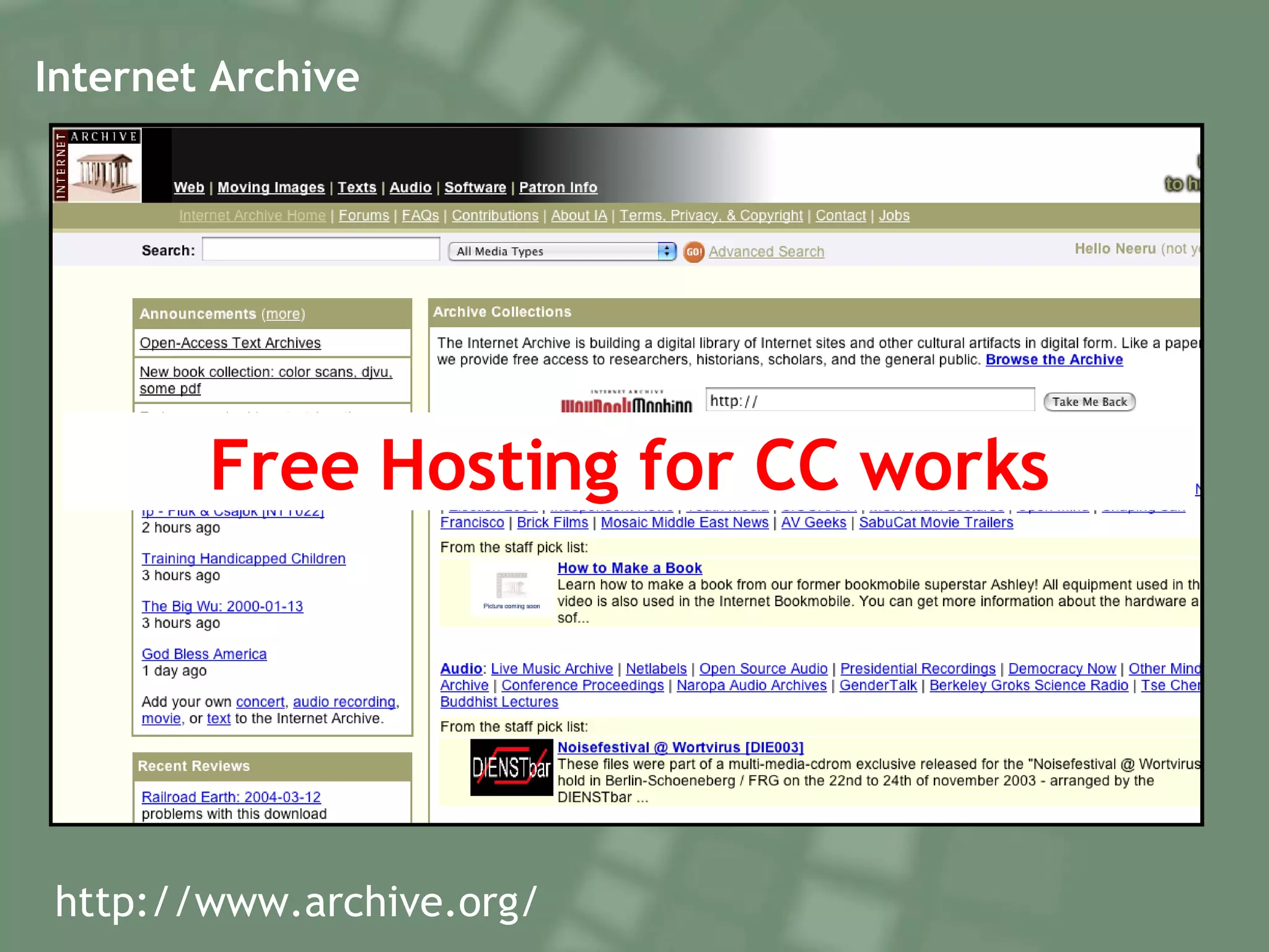 Internet Archive Free Hosting for CC works http://www.archive.org/ 