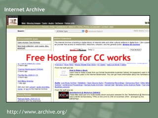 Internet Archive Free Hosting for CC works http://www.archive.org/ 