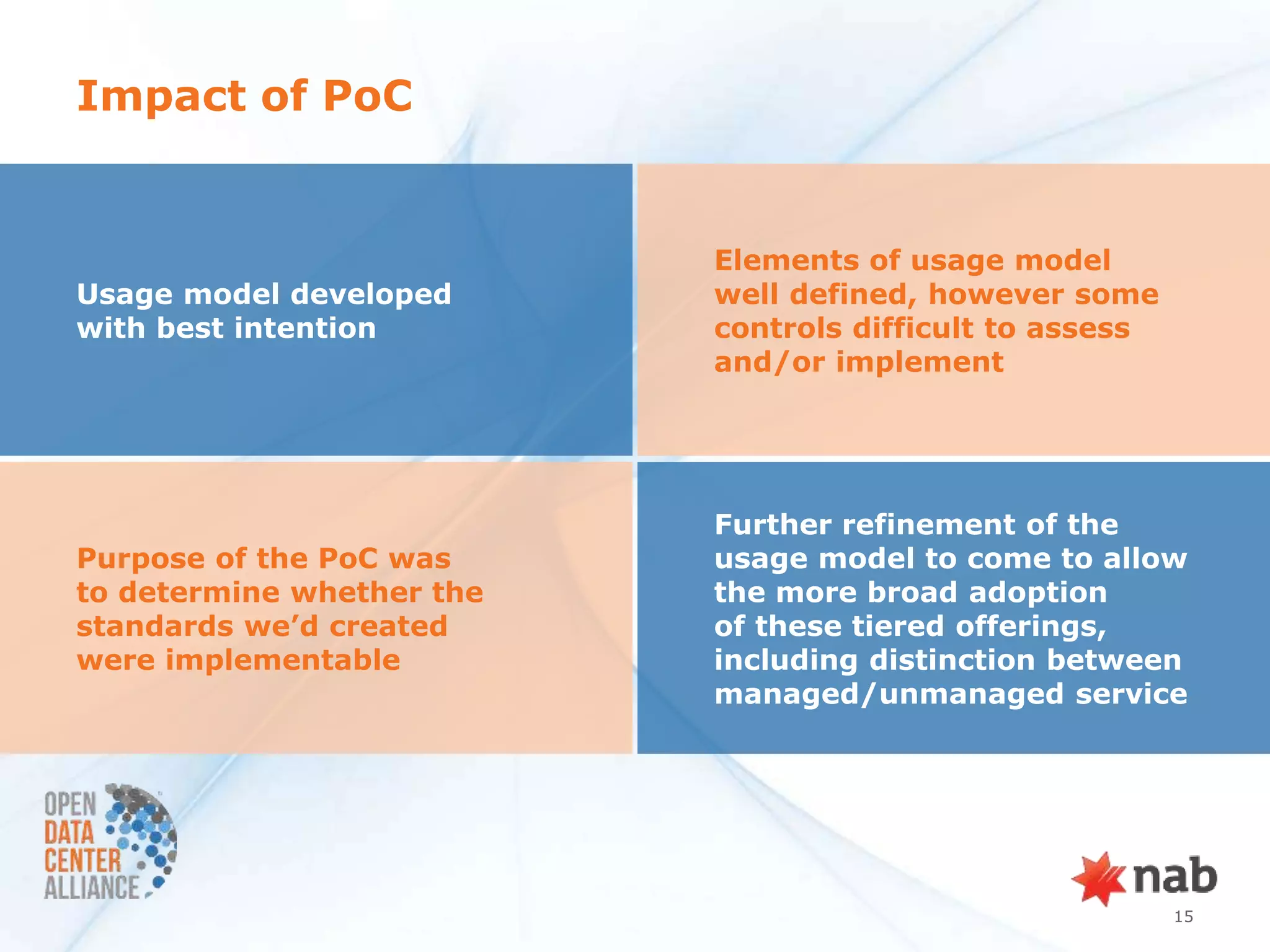 Impact of PoC


                           Elements of usage model
Usage model developed      well defined, however some
with best intention        controls difficult to assess
                           and/or implement




                           Further refinement of the
Purpose of the PoC was     usage model to come to allow
to determine whether the   the more broad adoption
standards we’d created     of these tiered offerings,
were implementable         including distinction between
                           managed/unmanaged service




                                                          15
 