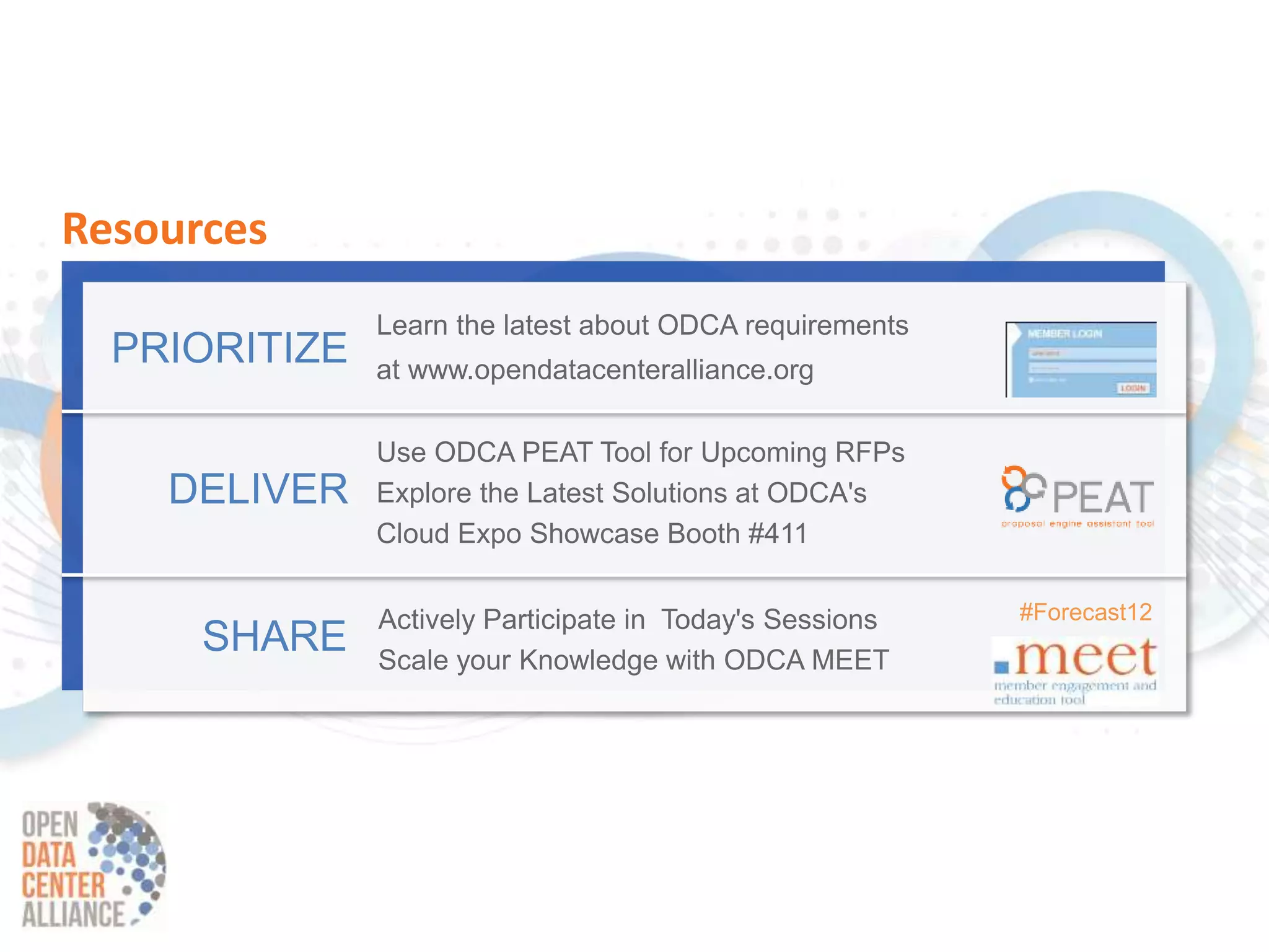 Resources
               Learn the latest about ODCA requirements
  PRIORITIZE   at www.opendatacenteralliance.org

               Use ODCA PEAT Tool for Upcoming RFPs
    DELIVER    Explore the Latest Solutions at ODCA's
               Cloud Expo Showcase Booth #411


               Actively Participate in Today's Sessions   #Forecast12
      SHARE    Scale your Knowledge with ODCA MEET
 