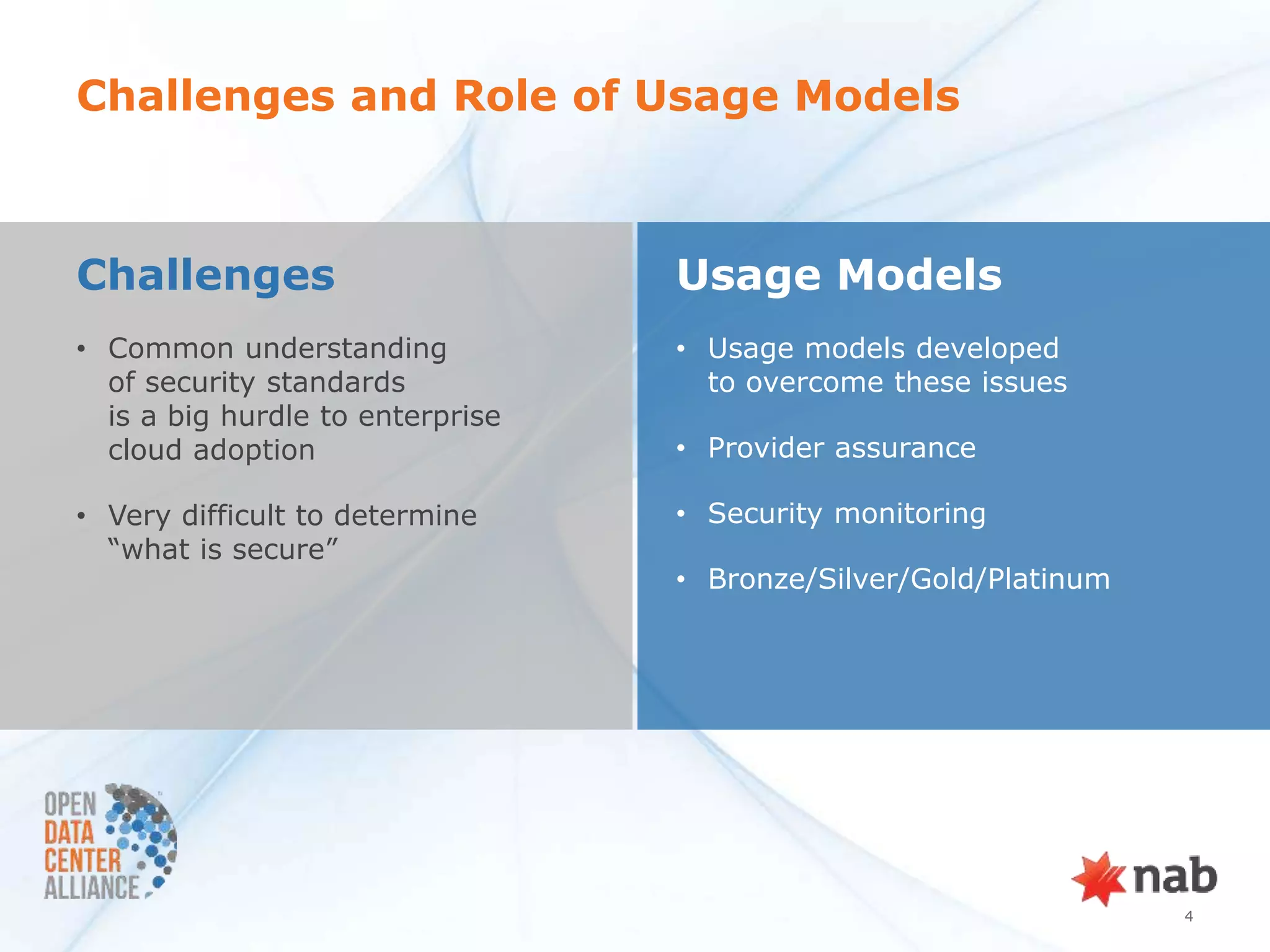 Challenges and Role of Usage Models



Challenges                        Usage Models
• Common understanding            • Usage models developed
  of security standards             to overcome these issues
  is a big hurdle to enterprise
  cloud adoption                  • Provider assurance

• Very difficult to determine     • Security monitoring
  “what is secure”
                                  • Bronze/Silver/Gold/Platinum




                                                                  4
 