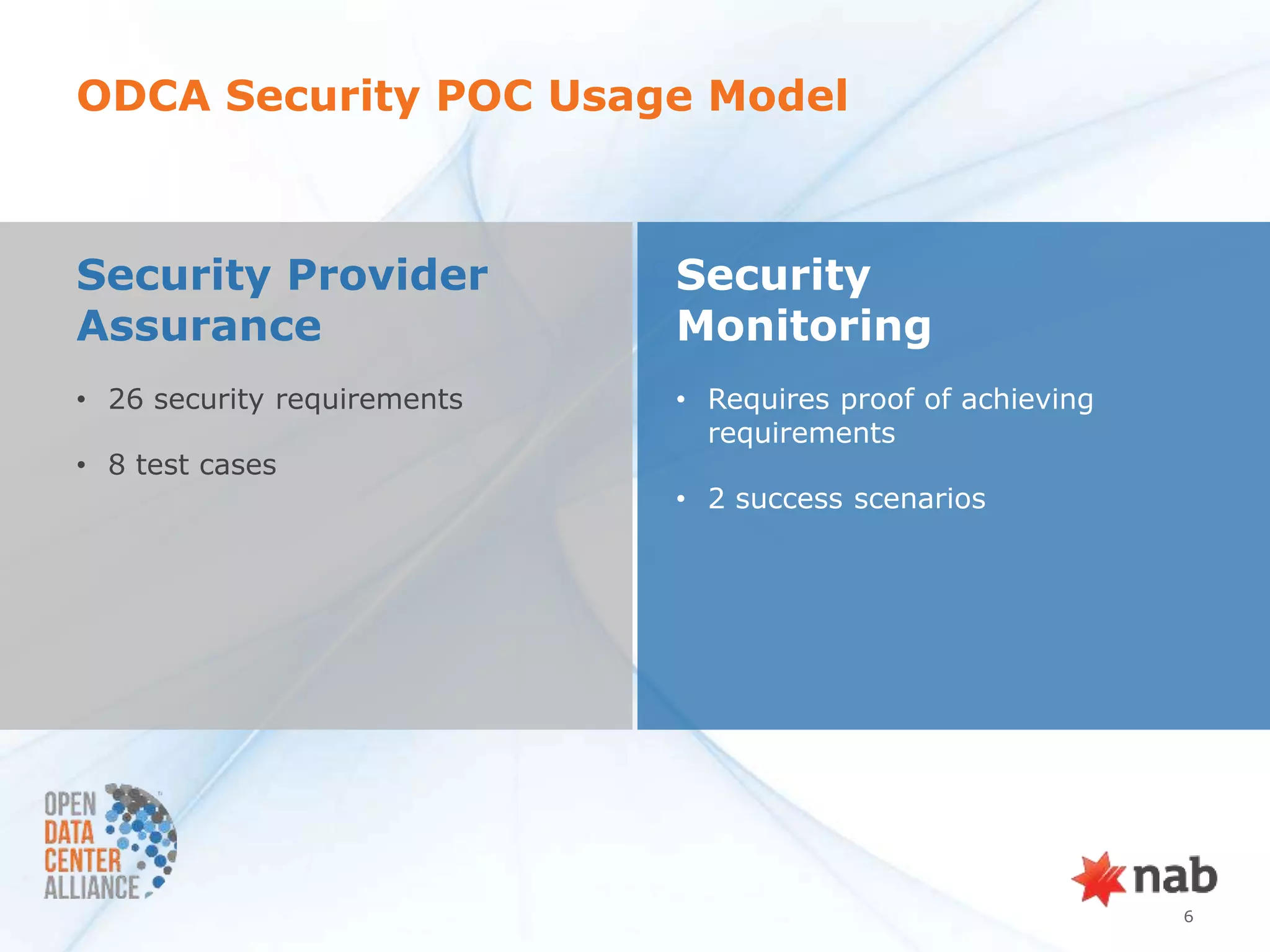 ODCA Security POC Usage Model



Security Provider            Security
Assurance                    Monitoring
• 26 security requirements   • Requires proof of achieving
                               requirements
• 8 test cases
                             • 2 success scenarios




                                                             6
 
