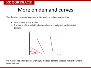 More on demand curves
The shape of the game’s aggregate demand curve is determined by:
• Total players in the market
• The shape of the individual demand curves, weighted by their total
demand
If a market has a few people with high, inelastic demand that can make the whole
curve inelastic.
 