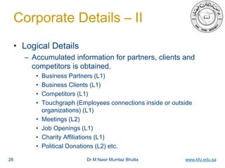 Dr M Nasir Mumtaz Bhutta www.kfu.edu.sa
Corporate Details – II
• Logical Details
– Accumulated information for partners, clients and
competitors is obtained.
• Business Partners (L1)
• Business Clients (L1)
• Competitors (L1)
• Touchgraph (Employees connections inside or outside
organizations) (L1)
• Meetings (L2)
• Job Openings (L1)
• Charity Affiliations (L1)
• Political Donations (L2) etc.
28
 