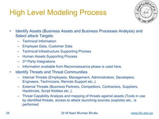 Dr M Nasir Mumtaz Bhutta www.kfu.edu.sa
High Level Modeling Process
• Identify Assets (Business Assets and Business Processes Analysis) and
Select attack Targets:
– Technical Information
– Employee Data, Customer Data
– Technical Infrastructure Supporting Process
– Human Assets Supporting Process
– 3rd Party Integrations
– Information available from Reconnaissance phase is used here.
• Identify Threats and Threat Communities
– Internal Threats (Employees, Management, Administrators, Developers,
Engineers, Technicians, Remote Support etc.,)
– External Threats (Business Partners, Competitors, Contractors, Suppliers,
Hacktivists, Script Kiddies etc.,).
– Threat Capability Analysis and mapping of threats against assets (Tools in use
by identified threats, access to attack launching sources (exploits) etc., is
performed
34
 