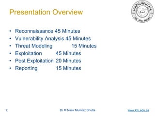 Dr M Nasir Mumtaz Bhutta www.kfu.edu.sa
Presentation Overview
• Reconnaissance 45 Minutes
• Vulnerability Analysis 45 Minutes
• Threat Modeling 15 Minutes
• Exploitation 45 Minutes
• Post Exploitation 20 Minutes
• Reporting 15 Minutes
2
 