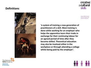 Definitions




              ‘a system of training a new generation of
              practitioners of a skill. Most training is
              done while working for an employer who
              helps the apprentice learn their trade in
              exchange for their continuing labour for
              an agreed period of time after they
              become skilled. Theoretical education
              may also be involved either in the
              workplace or through attending a college
              whilst being paid by the employer’.
 
