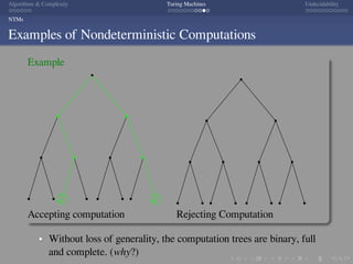 .
.
.
.
.
.
.
.
.
.
.
.
.
.
.
.
.
.
.
.
.
.
.
.
.
.
.
.
.
.
.
.
.
.
.
.
.
.
.
.
Algorithms  Complexity Turing Machines Undecidability
NTMs
Examples of Nondeterministic Computations
Example
✓ ✓
Accepting computation Rejecting Computation
Without loss of generality, the computation trees are binary, full
and complete. (why?)
 