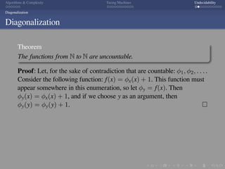 .
.
.
.
.
.
.
.
.
.
.
.
.
.
.
.
.
.
.
.
.
.
.
.
.
.
.
.
.
.
.
.
.
.
.
.
.
.
.
.
Algorithms  Complexity Turing Machines Undecidability
Diagonalization
Diagonalization
Theorem
The functions from N to N are uncountable.
Proof: Let, for the sake of contradiction that are countable: ϕ1, ϕ2, . . . .
Consider the following function: f(x) = ϕx(x) + 1. This function must
appear somewhere in this enumeration, so let ϕy = f(x). Then
ϕy(x) = ϕx(x) + 1, and if we choose y as an argument, then
ϕy(y) = ϕy(y) + 1. □
 