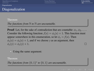 .
.
.
.
.
.
.
.
.
.
.
.
.
.
.
.
.
.
.
.
.
.
.
.
.
.
.
.
.
.
.
.
.
.
.
.
.
.
.
.
Algorithms  Complexity Turing Machines Undecidability
Diagonalization
Diagonalization
Theorem
The functions from N to N are uncountable.
Proof: Let, for the sake of contradiction that are countable: ϕ1, ϕ2, . . . .
Consider the following function: f(x) = ϕx(x) + 1. This function must
appear somewhere in this enumeration, so let ϕy = f(x). Then
ϕy(x) = ϕx(x) + 1, and if we choose y as an argument, then
ϕy(y) = ϕy(y) + 1. □
Using the same argument:
Theorem
The functions from {0, 1}∗ to {0, 1} are uncountable.
 