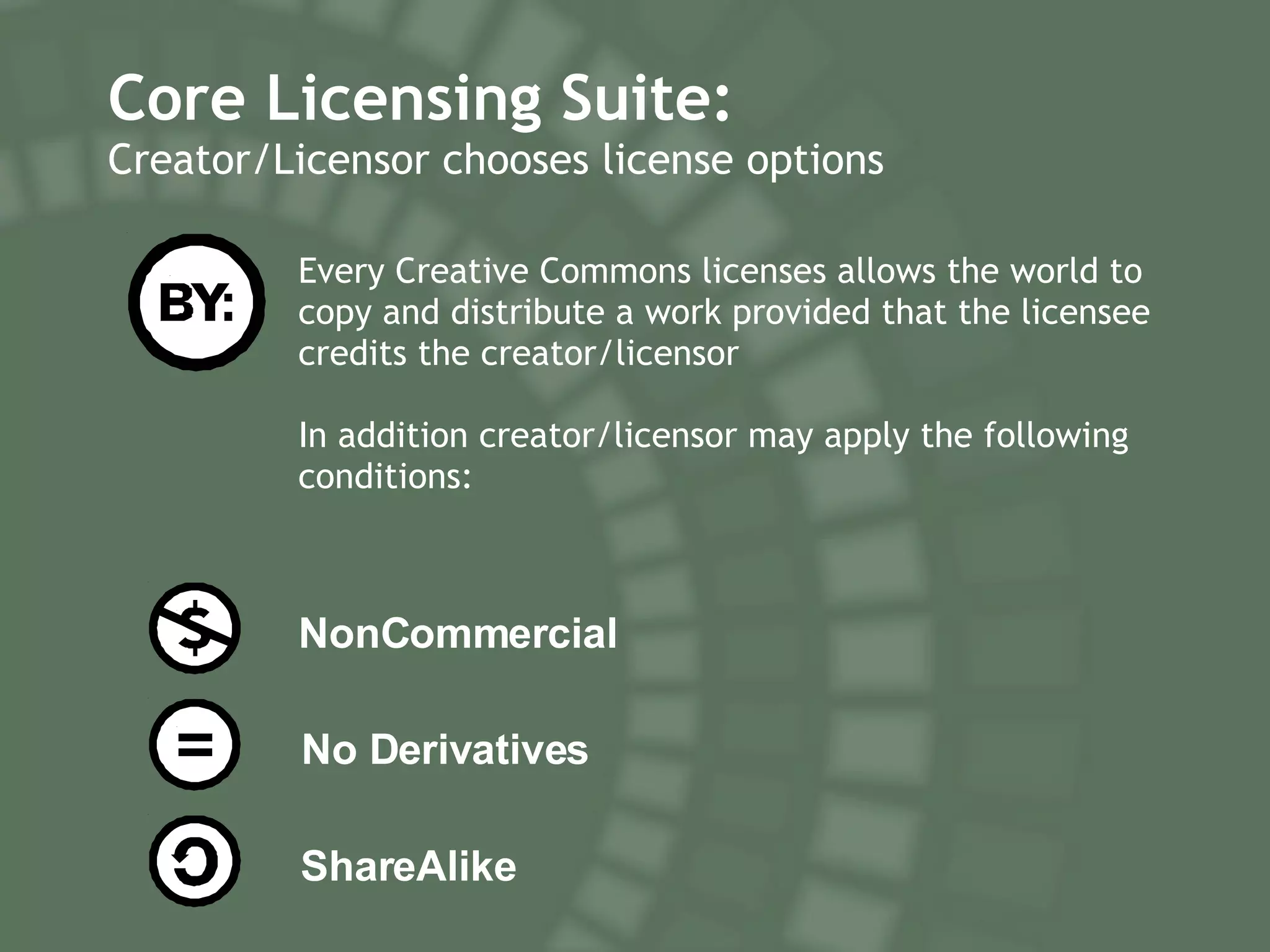 Core Licensing Suite:  Creator/Licensor chooses license options NonCommercial No Derivatives ShareAlike Every Creative Commons licenses allows the world to copy and distribute a work provided that the licensee credits the creator/licensor  In addition creator/licensor may apply the following conditions: 