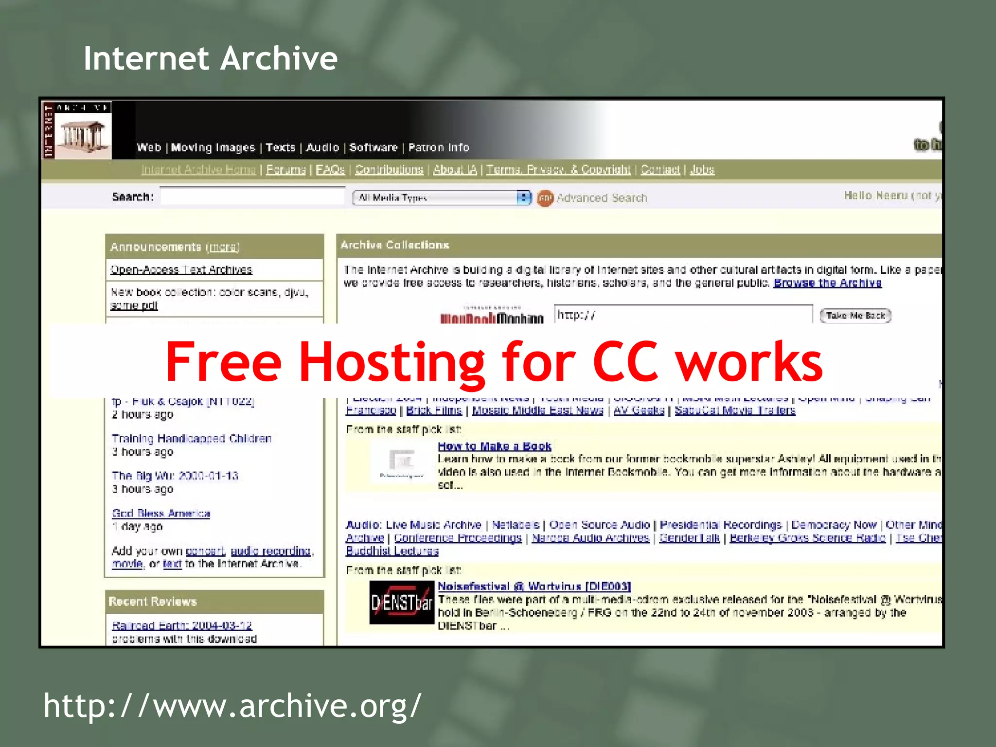 Internet Archive Free Hosting for CC works http://www.archive.org/ 