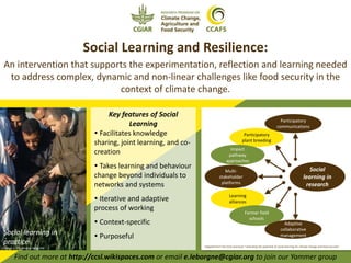 Social Learning and Resilience:
An intervention that supports the experimentation, reflection and learning needed
to address complex, dynamic and non-linear challenges like food security in the
context of climate change.
 Facilitates knowledge
sharing, joint learning, and co-
creation
 Takes learning and behaviour
change beyond individuals to
networks and systems
 Iterative and adaptive
process of working
 Context-specific
 Purposeful
Find out more at http://ccsl.wikispaces.com or email e.leborgne@cgiar.org to join our Yammer group
Key features of Social
Learning
Social
learning in
research
Participatory
communications
Participatory
plant breeding
Impact
pathway
approaches
Multi-
stakeholder
platforms
Learning
alliances
Farmer field
schools
Adaptive
collaborative
managementSocial learning in
practice
Source: CCAFS Working Paper #38 Adapted from the CCSL brochure “Unlocking the potential of social learning for climate change and food security”
 