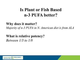 Is Plant or Fish Based
n-3 PUFA better?
Why does it matter?
Majority of n-3 PUFA in N. American diet is from ALA
What is relative potency?
Between 1/3 to 1/8
 