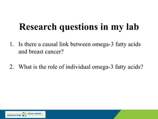Research questions in my lab
1. Is there a causal link between omega-3 fatty acids
and breast cancer?
2. What is the role of individual omega-3 fatty acids?
 