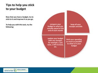 Tips to help you stick
to your budget
Now that you have a budget, try to
stick to it and improve it as you go.
To help you with this task, try the
following:
keep all your
receipts and bills
limit your spending
as much as possible
to what is in your
budget
update your budget
with any changes,
for example, a pay
raise, a bill increase,
etc.
compare your
budget to what you
actually spend at the
end of each month
 
