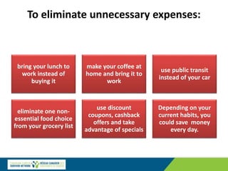 To eliminate unnecessary expenses:
bring your lunch to
work instead of
buying it
make your coffee at
home and bring it to
work
use public transit
instead of your car
eliminate one non-
essential food choice
from your grocery list
use discount
coupons, cashback
offers and take
advantage of specials
Depending on your
current habits, you
could save money
every day.
 