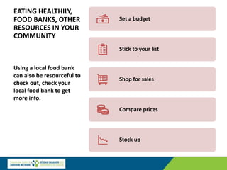 EATING HEALTHILY,
FOOD BANKS, OTHER
RESOURCES IN YOUR
COMMUNITY
Using a local food bank
can also be resourceful to
check out, check your
local food bank to get
more info.
Set a budget
Stick to your list
Shop for sales
Compare prices
Stock up
 