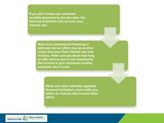 If you don’t make your minimum
monthly payments by the due date, the
financial institution may increase your
interest rate.
Short-term promotional financing or
deferred interest offers may be another
reason that your fixed interest rate may
increase. Make sure you know how long
an offer lasts so you’re not surprised by
the increase in your minimum monthly
payments once it ends.
Banks and other federally regulated
financial institutions must notify you
before an interest rate increase takes
effect.
 