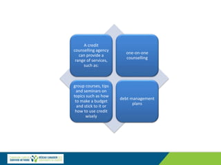 A credit
counselling agency
can provide a
range of services,
such as:
one-on-one
counselling
group courses, tips
and seminars on
topics such as how
to make a budget
and stick to it or
how to use credit
wisely
debt management
plans
 