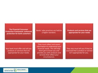 The Financial Consumer
Protection Framework: enhanced
protection for bank customers
Banks’ sales practices are held to
a higher standard.
Products and services that are
appropriate for your needs
Your bank must offer and sell you
products or services that are
appropriate for your needs.
They must collect and assess
information to understand your
financial needs. This will help
them get to know you and
provide you with products and
services that reflect your
circumstances.
They also must tell you if they’ve
assessed that a product or service
isn’t appropriate for you.
 