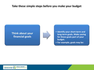 Think about your
financial goals
• Identify your short-term and
long-term goals. Make saving
for those goals part of your
budget.
• For example, goals may be:
Take these simple steps before you make your budget
 