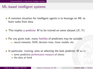 Understandability in data-driven intelligent systems
ML-based intelligent systems
A common situation for intelligent agents is to leverage on ML to
learn tasks from data
This implies a predictor M to be trained on some dataset (X, Y )
For any given task, many families of predictors may be suitable
eg neural networks, SVM, decision trees, linear models, etc.
In particular, training aims at selecting the best predictor M w.r.t.
some predictive performance measure of choice
the data at hand
Ciatto et al. (UNIBO, HES-SO) Abstract Framework for XAI AAMAS, 2020 9 / 17
 