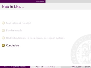 Conclusions
Next in Line. . .
1 Motivation & Context
2 Fundamentals
3 Understandability in data-driven intelligent systems
4 Conclusions
Ciatto et al. (UNIBO, HES-SO) Abstract Framework for XAI AAMAS, 2020 14 / 17
 