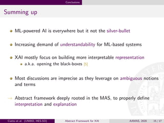 Conclusions
Summing up
ML-powered AI is everywhere but it not the silver-bullet
Increasing demand of understandability for ML-based systems
XAI mostly focus on building more interpretable representation
a.k.a. opening the black-boxes [5]
Most discussions are imprecise as they leverage on ambiguous notions
and terms
→ Abstract framework deeply rooted in the MAS, to properly deﬁne
interpretation and explanation
Ciatto et al. (UNIBO, HES-SO) Abstract Framework for XAI AAMAS, 2020 15 / 17
 