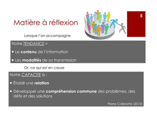 Matière à réflexion
Notre TENDANCE =
Le contenu de l’information
Les modalités de sa transmission
5
Lorsque l’on accompagne
Notre CAPACITE à :
Établir une relation
Développer une compréhension commune des problèmes, des
défis et des solutions
Pierre Collerette (2013)
Or, ce qui est en cause
 