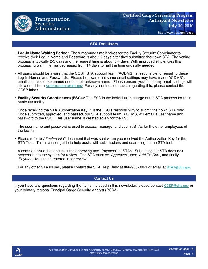 Certified Cargo Screening Program Participant Newsletter July 30 2