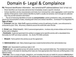 Santosh Poduri
Domain 6- Legal & Complaince
PII: Personal Identification Information , like name/email/IP address/address/ (NIST SP 800-122)
- Direct identifiers are those data elements that immediately reveal a specific individual.
- Indirect identifiers are the characteristics and traits of an individual that, when aggregated, could reveal the
identity of that person. Each indirect identifier by itself is usually not sensitive, but if enough are collected
they may provide sensitive information
• The act of removing identifiers is known as anonymization; certain jurisdictions, laws, and standards
require the anonymization of data, including both direct and indirect identifiers. Contratual PII & Regulated PII
Type of laws:
1. Criminal Law (ex: data theft) against prohibited conduct & well being of public. Law enforcement is
conducted by govt. Only . All privacy violations around the world fall under this law
2. Civial Law: (Data breach) : B/W 2 persons/organizations , involves only private entities and its known
as law suite or letigation
- Contracts: A general agremeent b/w parties to engage some specifict activity with a stipuldated time.
Generally b/w CSP and cloud customer . Ex. SLAs/ PCI DSS contracts
- Breach: Fail to perform the activity as per the agreement .
3. Adminstrative Law: Many federal agencises create/monitor/enforce their administrative law
- State Law: Associated to particluar state in US
- Federal Law: Law applied across US (whole country), they supersed states law. The restatement (second)
conflict of laws is the basis for deciding which laws are most appropriate when there are conflicting laws in the
different states.
- Tort law: This is a body of rights, obligations, and remedies that sets out reliefs for persons suffering harm
as a result of the wrongful acts of others. Tort actions are not dependent on an agreement between the parties
 
