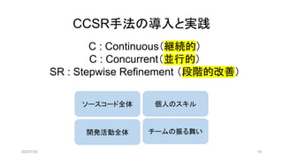 CCSR手法の導入と実践
C : Continuous（継続的）
C : Concurrent（並行的）
SR : Stepwise Refinement （段階的改善）
2020/7/30 16
ソースコード全体
開発活動全体
個人のスキル
チームの振る舞い
 