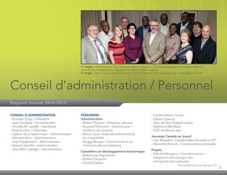 3
Conseil d’administration / Personnel
Rapport annuel 2014-2015
CONSEIL D’ADMINISTRATION
- Amadou Djigo – Président
- Jean Fouillard – Vice-président
- Annette M. Labelle – Secrétaire
- Rose Kumbu – Trésorière
- Gaston de la Sablonnière – Administrateur
- Clément Dion – Administrateur
- Jean Duperreault – Administrateur
- Robert Lalonde – Administrateur
- Jean-Marc Lepage – Administrateur
PERSONNEL
Administration
- Robert Therrien – Directeur général
- Kouamé N’Goandi – Gestionnaire –
reddition de comptes
- Manon Guy – Adjointe administrative
et comptabilité
- Maggy Bougie – Coordonnatrice en
communications/marketing
Conseillers en développement économique
- Ildephonse Bigirimana*
- Robert Carignan*
- Gérald Gareau
- Cécile Leblanc-Turner
- Sylvain Lejeune
- Jean de Dieu Ndayahundwa
- Stéphane Rémillard
- CDÉ de Moose Jaw
Jeunesse Canada au travail
- Papi Tshiswaka – Coordonnateur de projet et JCT
- Alexandra Komoé – Coordonnatrice principale
Projets
- Félicité Nibogora – Coordonnatrice –
Intégration économique des
immigrants francophones
*ne travaillent plus au sein du CCS
1re
rangée : Gérald Gareau, Papi Tshiswaka, Robert Carignan*, Ildephonse Bigirimana*, Kouamé N’Goandi,
Jean de Dieu Ndayahundwa, Stéphane Rémillard et Sylvain Lejeune.
2e
rangée : Manon Guy, Catheline D’Auteuil*, Robert Therrien, Félicité Nibogora et Cécile Leblanc-Turner.
 