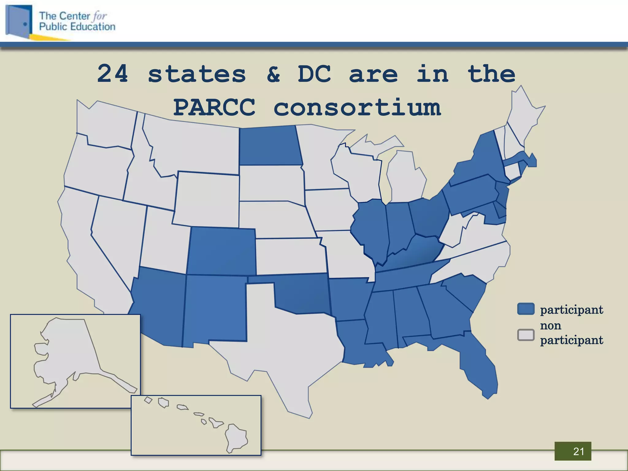 24 states & DC are in the
     PARCC consortium




                            participant
                            non
                            participant




                                 21
 